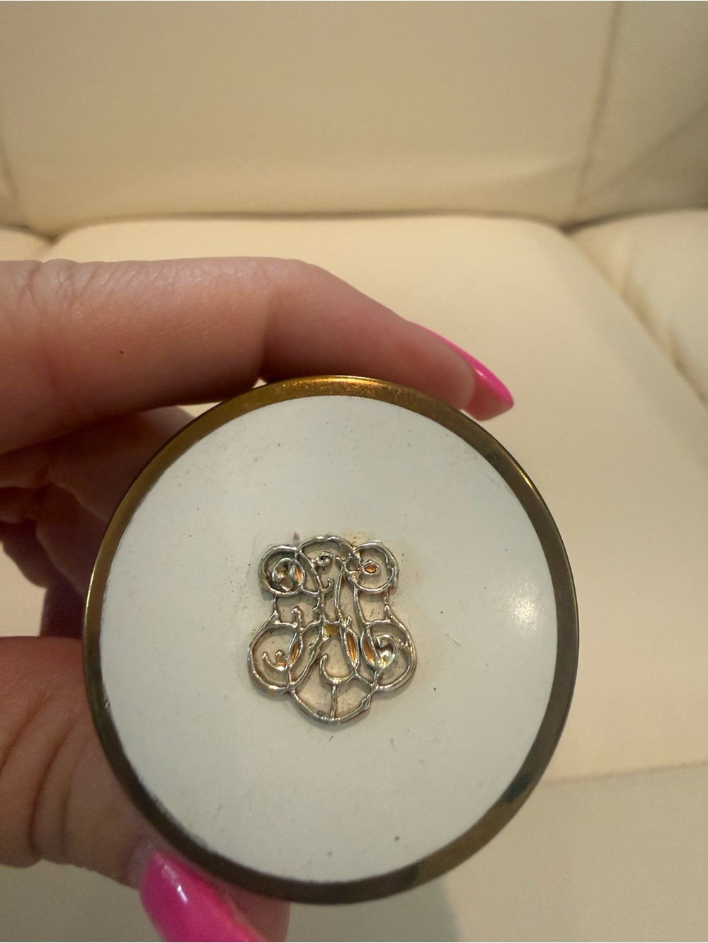 Vintage White and Gold Round Trinket Box Lid with mirror inside